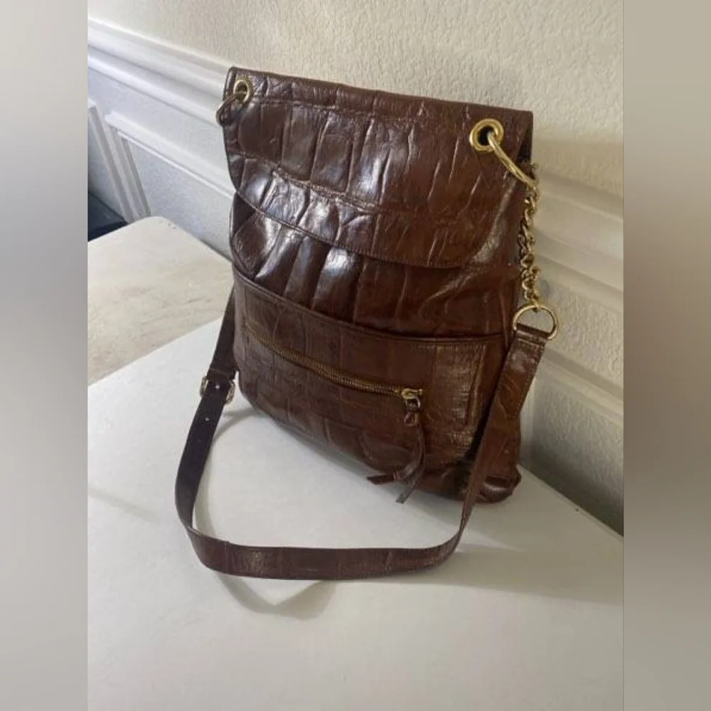 Kate Landry Brown Croc Crossbody Messenger Bag Gold Hardware - Picture 4 of 9
